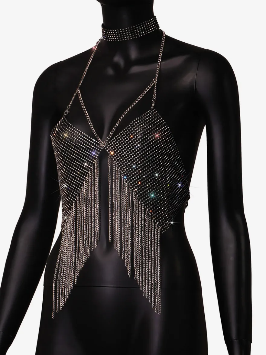 Hauts de soirée à bretelles dos nu chaînes strass et motifs géométriques