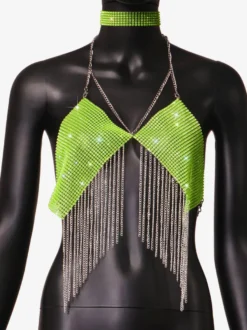 Hauts de soirée à bretelles dos nu chaînes strass et motifs géométriques