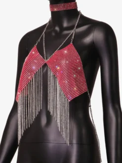 Hauts de soirée à bretelles dos nu chaînes strass et motifs géométriques