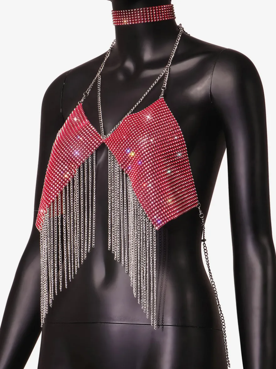Hauts de soirée à bretelles dos nu chaînes strass et motifs géométriques
