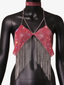 Hauts de soirée à bretelles dos nu chaînes strass et motifs géométriques