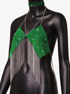 Hauts de soirée à bretelles dos nu chaînes strass et motifs géométriques