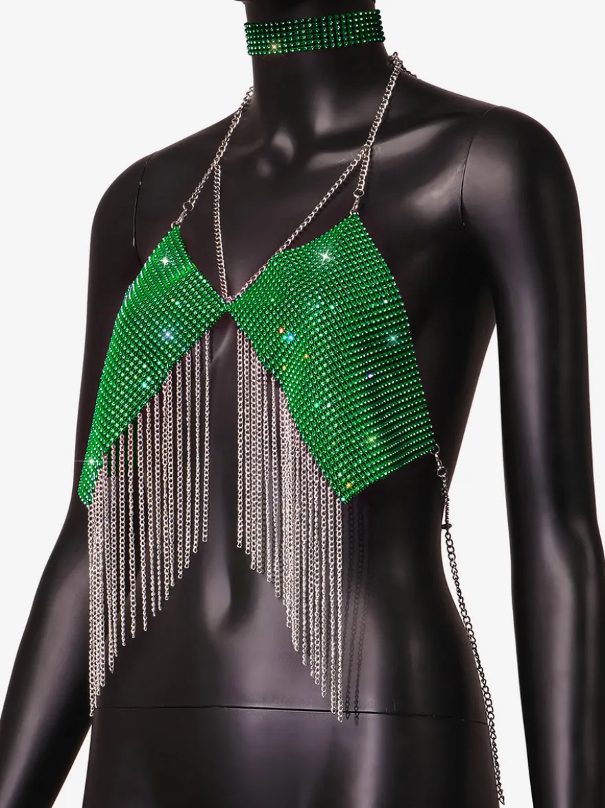 Hauts de soirée à bretelles dos nu chaînes strass et motifs géométriques