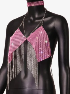 Hauts de soirée à bretelles dos nu chaînes strass et motifs géométriques