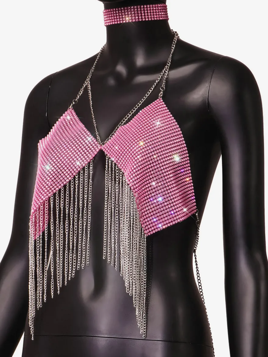 Hauts de soirée à bretelles dos nu chaînes strass et motifs géométriques