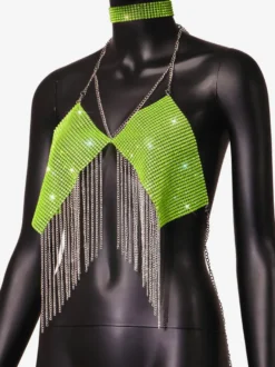 Hauts de soirée à bretelles dos nu chaînes strass et motifs géométriques
