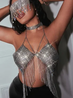 Hauts de soirée à bretelles dos nu chaînes strass et motifs géométriques