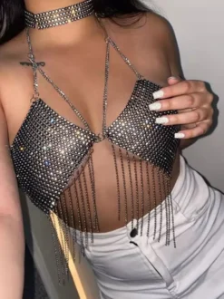 Hauts de soirée à bretelles dos nu chaînes strass et motifs géométriques