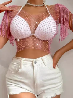 Hauts de soirée tendance à col rond orné de strass et de bas à carreaux en nylon