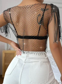 Hauts de soirée tendance à col rond orné de strass et de bas à carreaux en nylon