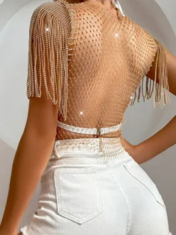 Hauts de soirée tendance à col rond orné de strass et de bas à carreaux en nylon
