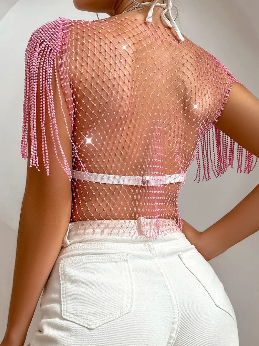 Hauts de soirée tendance à col rond orné de strass et de bas à carreaux en nylon
