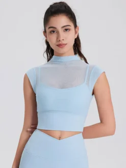 Haut sport femme top abricot Lycra manches courtes col haut vêtements de sport de Tennis