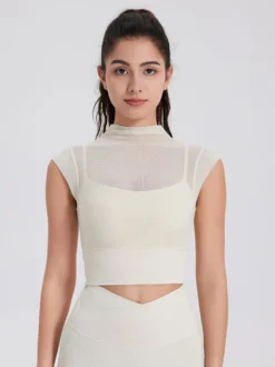 Haut sport femme top abricot Lycra manches courtes col haut vêtements de sport de Tennis