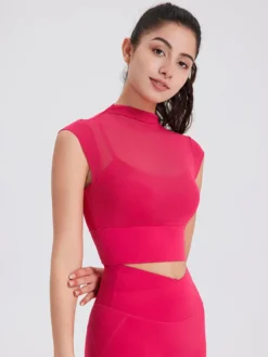 Haut sport femme top abricot Lycra manches courtes col haut vêtements de sport de Tennis