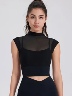 Haut sport femme top abricot Lycra manches courtes col haut vêtements de sport de Tennis