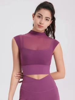 Haut sport femme top abricot Lycra manches courtes col haut vêtements de sport de Tennis