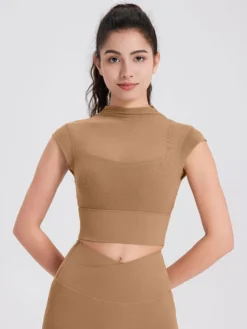 Haut sport femme top abricot Lycra manches courtes col haut vêtements de sport de Tennis