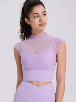 Haut sport femme top abricot Lycra manches courtes col haut vêtements de sport de Tennis