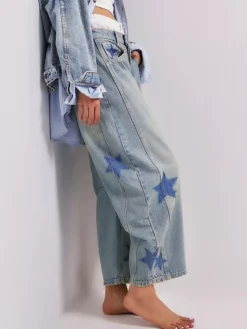 Jean ample à imprimé étoiles pour femme - Délavage clair style bohème - Pantalon en denim baggy à motif fer à cheval - Festival de musique de printemps 2026