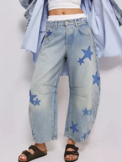 Jean ample à imprimé étoiles pour femme - Délavage clair style bohème - Pantalon en denim baggy à motif fer à cheval - Festival de musique de printemps 2026