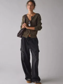 Jean cargo ample pour femme - Pantalon large délavé style rétro Y2K taille basse avec cordon de serrage - Collection printemps streetwear 2026