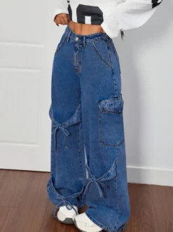Jean cargo à jambes larges pour femme - Pantalon en denim délavé ample à bretelles et nœud papillon style rétro Y2K - Streetwear pour festivals de musique du printemps 2026