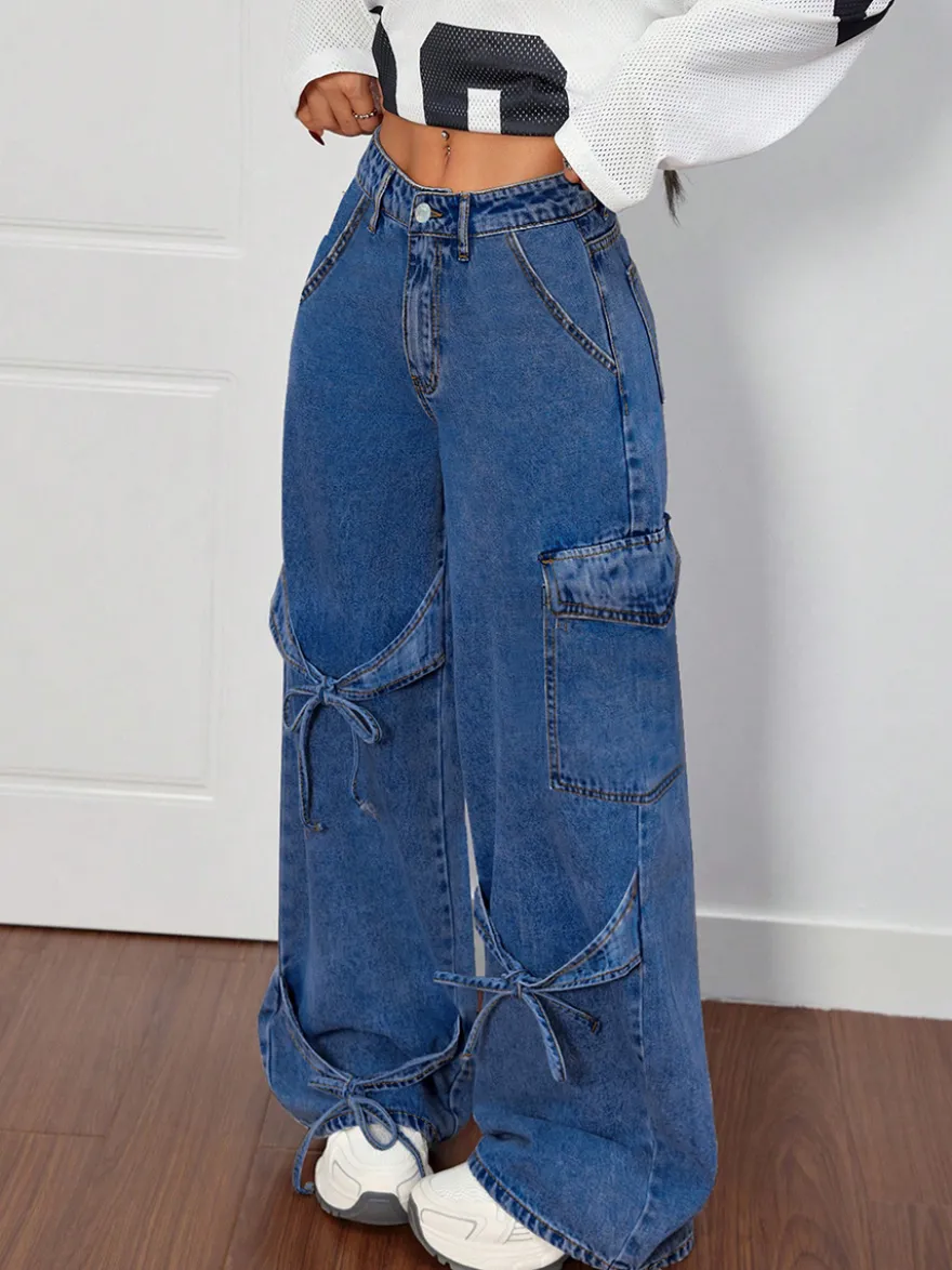 Jean cargo à jambes larges pour femme - Pantalon en denim délavé ample à bretelles et nœud papillon style rétro Y2K - Streetwear pour festivals de musique du printemps 2026