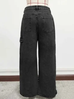 Jean cargo à jambes larges pour femme - Pantalon en denim délavé ample à bretelles et nœud papillon style rétro Y2K - Streetwear pour festivals de musique du printemps 2026