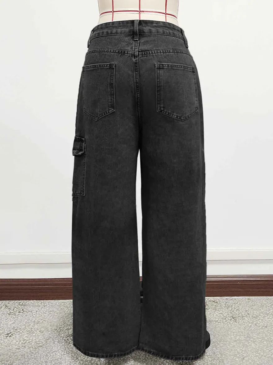 Jean cargo à jambes larges pour femme - Pantalon en denim délavé ample à bretelles et nœud papillon style rétro Y2K - Streetwear pour festivals de musique du printemps 2026