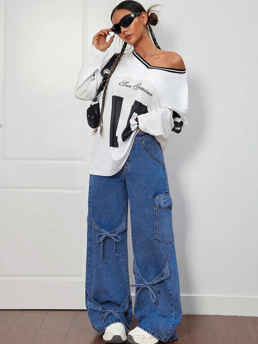 Jean cargo à jambes larges pour femme - Pantalon en denim délavé ample à bretelles et nœud papillon style rétro Y2K - Streetwear pour festivals de musique du printemps 2026
