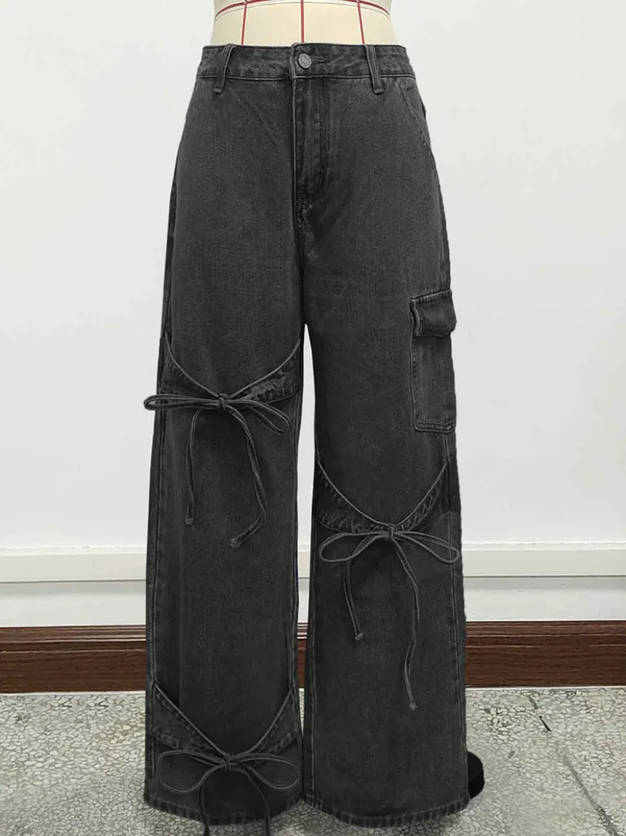 Jean cargo à jambes larges pour femme - Pantalon en denim délavé ample à bretelles et nœud papillon style rétro Y2K - Streetwear pour festivals de musique du printemps 2026