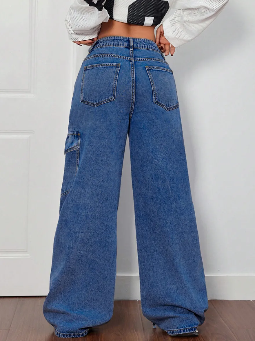 Jean cargo à jambes larges pour femme - Pantalon en denim délavé ample à bretelles et nœud papillon style rétro Y2K - Streetwear pour festivals de musique du printemps 2026
