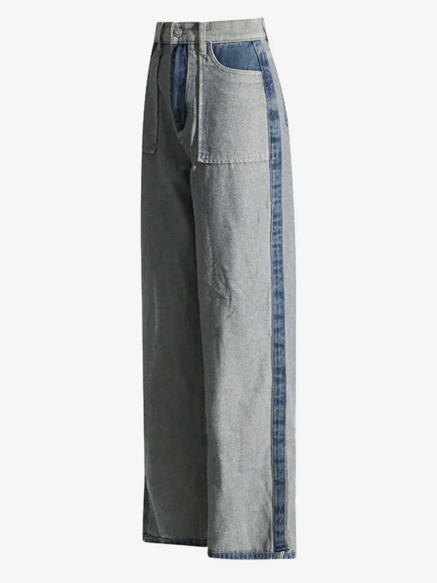 Jean femme élégant taille haute en denim bicolore