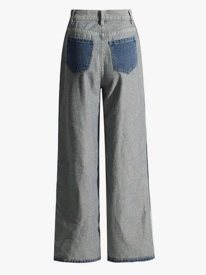 Jean femme élégant taille haute en denim bicolore