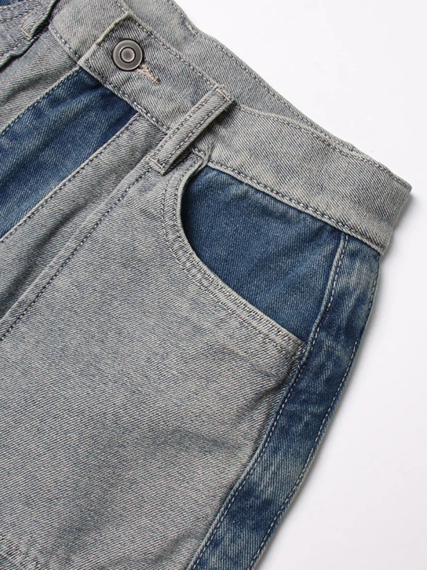 Jean femme élégant taille haute en denim bicolore