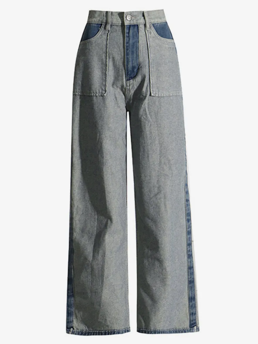 Jean femme élégant taille haute en denim bicolore