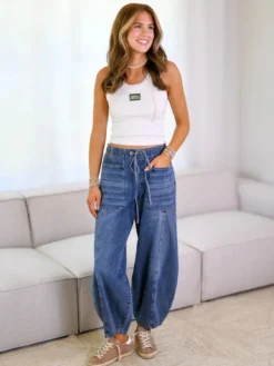 Jean Horseshoe Barrel Washed pour femme - Pantalon bouffant décontracté à taille nouée et coutures avant - Collection printemps streetwear 2026