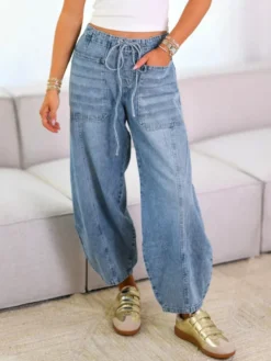 Jean Horseshoe Barrel Washed pour femme - Pantalon bouffant décontracté à taille nouée et coutures avant - Collection printemps streetwear 2026