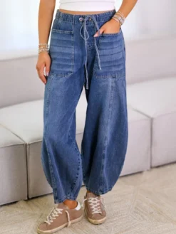 Jean Horseshoe Barrel Washed pour femme - Pantalon bouffant décontracté à taille nouée et coutures avant - Collection printemps streetwear 2026