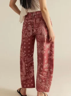 Jean à imprimé cachemire pour femme - Pantalon en denim rose bohème à jambes larges et coupe en fer à cheval - Festival de musique de printemps 2026