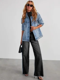 Jean large à coutures apparentes pour femme - Denim délavé à ourlet brut rétro - Collection streetwear décontractée printemps 2026