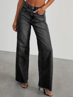 Jean large à coutures apparentes pour femme - Denim délavé à ourlet brut rétro - Collection streetwear décontractée printemps 2026