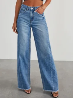 Jean large à coutures apparentes pour femme - Denim délavé à ourlet brut rétro - Collection streetwear décontractée printemps 2026