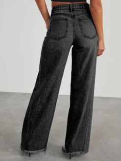 Jean large à coutures apparentes pour femme - Denim délavé à ourlet brut rétro - Collection streetwear décontractée printemps 2026