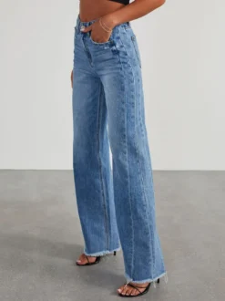 Jean large à coutures apparentes pour femme - Denim délavé à ourlet brut rétro - Collection streetwear décontractée printemps 2026