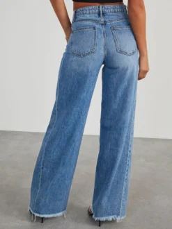 Jean large à coutures apparentes pour femme - Denim délavé à ourlet brut rétro - Collection streetwear décontractée printemps 2026