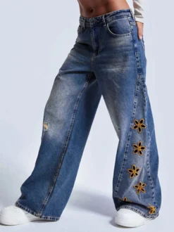 Jean large à fleurs découpées pour femme - Délavage moyen style vintage Y2K - Streetwear du festival de printemps 2026