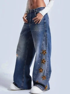 Jean large à fleurs découpées pour femme - Délavage moyen style vintage Y2K - Streetwear du festival de printemps 2026