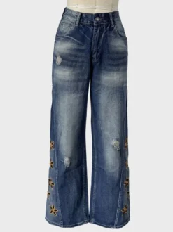 Jean large à fleurs découpées pour femme - Délavage moyen style vintage Y2K - Streetwear du festival de printemps 2026